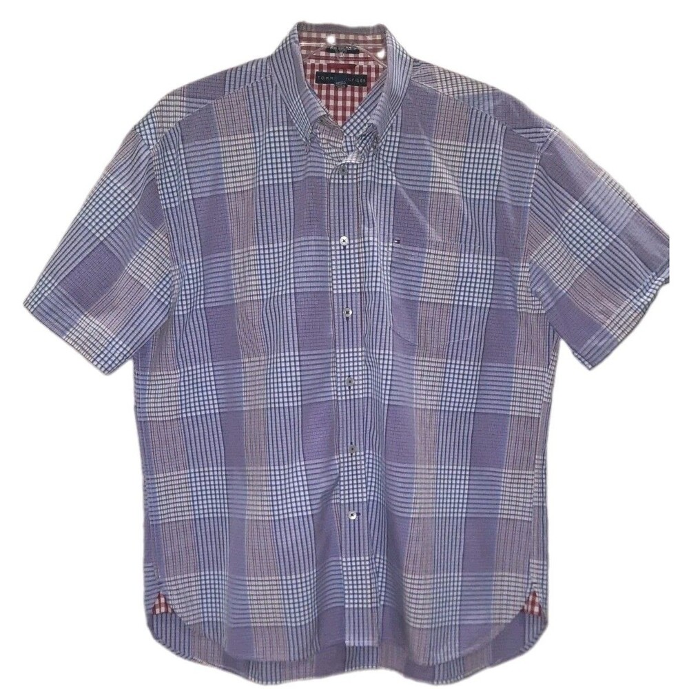 Vintage Tommy Hilfiger XL 80s 2-Ply Cotton Plaid Short Sleeve Shirt Red Blue